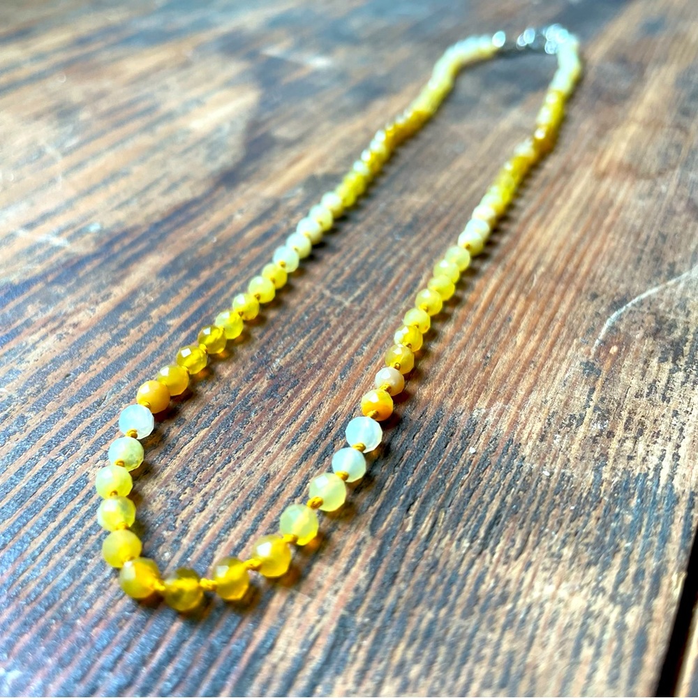 14.5" Yellow Opal Silk Hand Knotted Sterling Silver .925 Choker Necklace